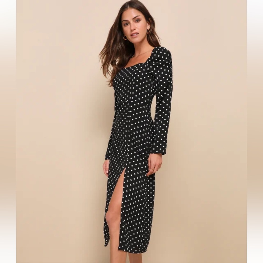 LULU’s long sleeve square neck polka dotted dress with slit XL